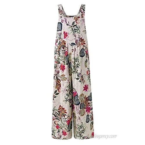 Honganda Women's Loose Jumpsuit Printed Sleeveless Wide Leg Pants Overalls with Buttons