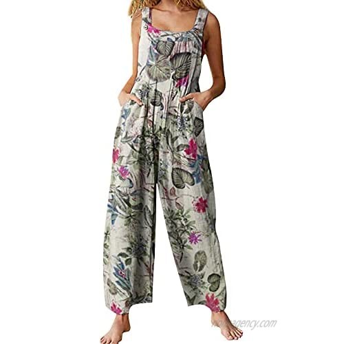 Honganda Women's Loose Jumpsuit Printed Sleeveless Wide Leg Pants Overalls with Buttons