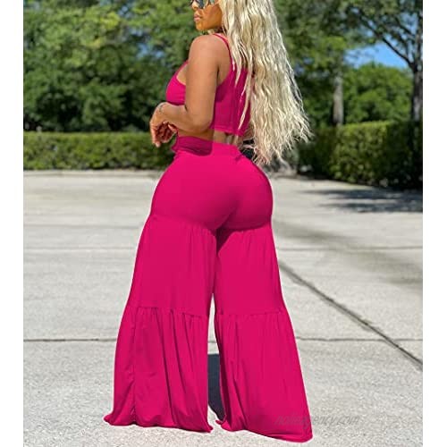 Hou Women's 2 Piece Jumpsuit Sexy Club Outfits Ruched Sleeveless Crop Top Palazzo Pants Set Romper Outfit