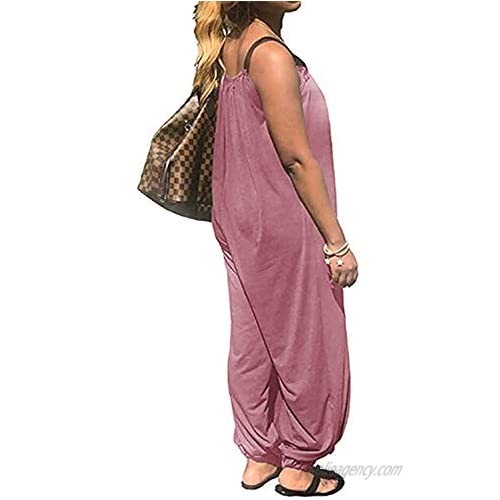 LAMISSCHE Womens Casual Solid Color Loose Fit Baggy Harem Overall Jumpsuit Sleeveless Spaghetti Strap Long Pants Rompers