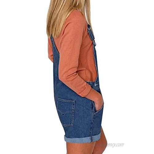 Lookbook Store Women's Casual Denim Bib Overalls Shorts Cuffed Hem Stretch Jeans Shortalls