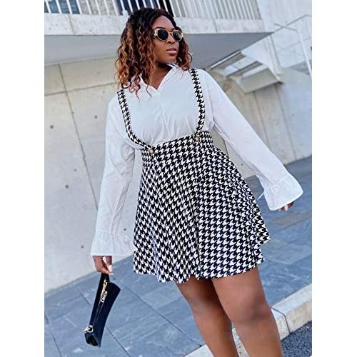 MakeMeChic Women's Plus Size Houndstooth Print Strappy High Waist Overall Dress
