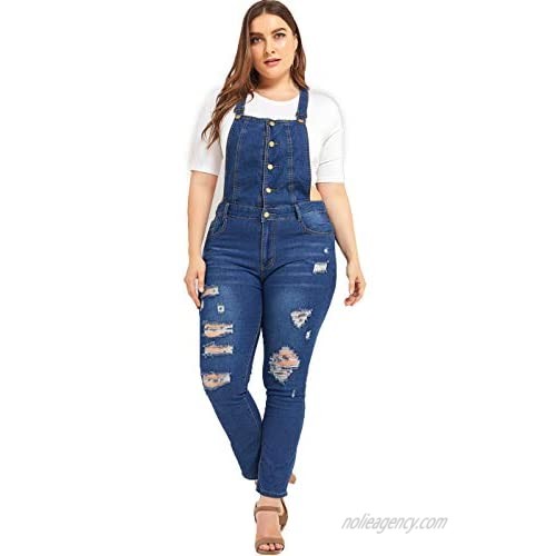 PYL Women Plus Size Ripped Denim Overalls Distressed Stretch Jumpsuit Adjustable Strap with Pocket Ankle Length (L-5XL)