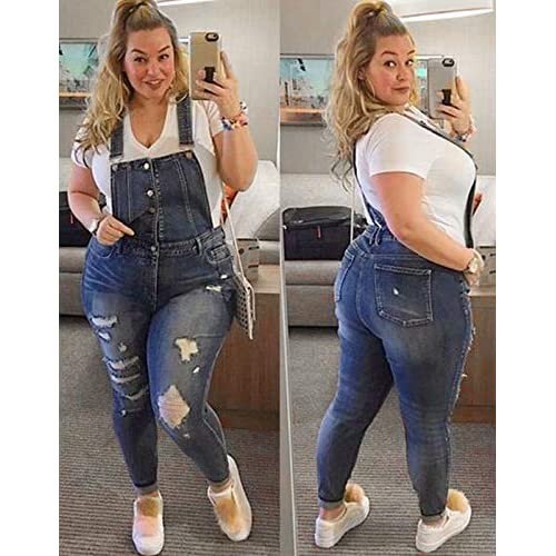 PYL Women Plus Size Ripped Denim Overalls Distressed Stretch Jumpsuit Adjustable Strap with Pocket Ankle Length (L-5XL)