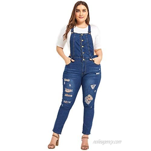 PYL Women Plus Size Ripped Denim Overalls  Distressed Stretch Jumpsuit Adjustable Strap with Pocket Ankle Length (L-5XL)