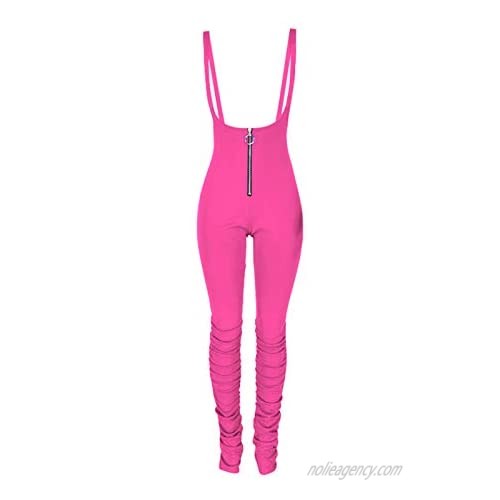 qfmqkpi Womens Sexy Solid Color Suspender Jumpsuits Sleeveless Zipper High Rise Stacked Overalls Clubwear M Pink