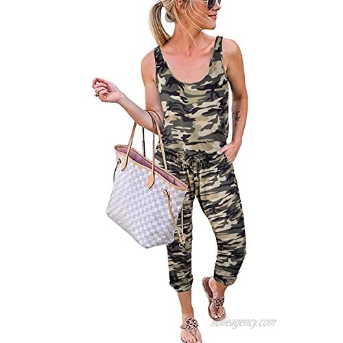 REORIA Women Summer Casual Sleeveless Tank Top Elastic Waist Loose Jumpsuit Rompers with Pockets