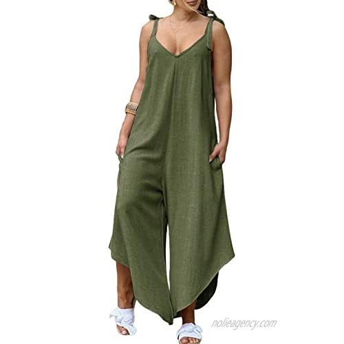 Springrain Women's Casual Loose V Neck Sleeveless Jumpsuit Overalls Wide Leg Pants（Green-XL）