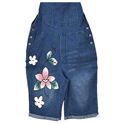 utcoco Women's Casual Adjustable Strap Distressed Floral Printed Cuffed Hem Denim Bib Overalls Shorts Romper