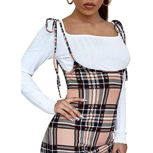 Verdusa Women's Plaid Print Self Tie Strap Midi Pinafore Overall Suspender Dress