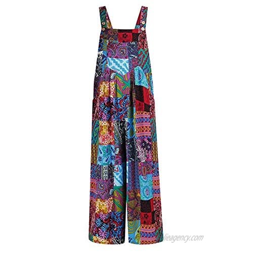 Women Summer Casual Jumpsuit Boho Sleeveless Suspender Overalls Romper Pants with Pockets Bohemian Style Trousers