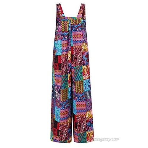 Women Summer Casual Jumpsuit Boho Sleeveless Suspender Overalls Romper Pants with Pockets Bohemian Style Trousers