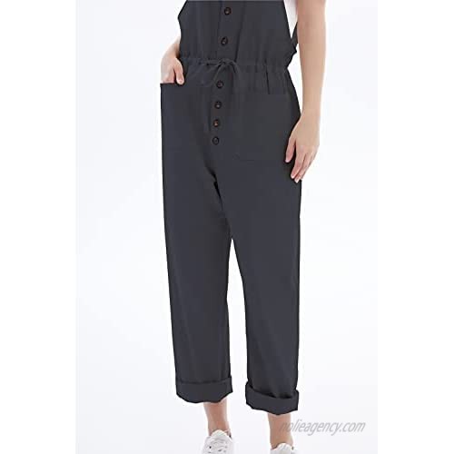 Womens Adjustable Straps Cotton Linen Overalls Button Up Loose Sleeveless Jumpsuits with Pockets