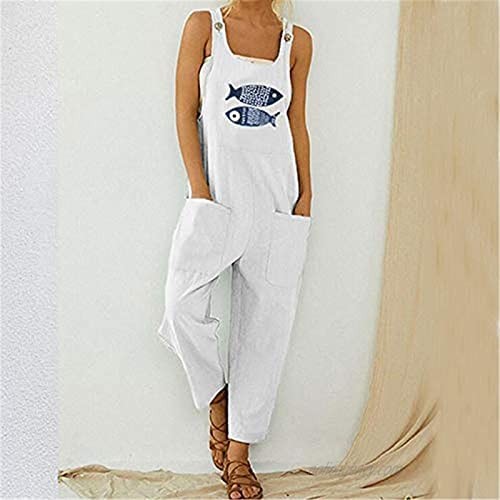 Women's Casual Overalls Wide Leg Suspender Trousers Fish Printing Loose Jumpsuit with Two Pockets Harem Pants (White L)