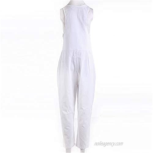 Women's Casual Overalls Wide Leg Suspender Trousers Fish Printing Loose Jumpsuit with Two Pockets Harem Pants (White L)