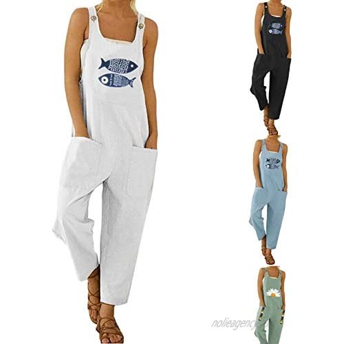 Women's Casual Overalls Wide Leg Suspender Trousers Fish Printing Loose Jumpsuit with Two Pockets Harem Pants (White  L)