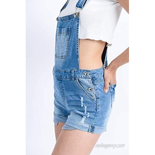 Women’s Summer Cute Denim Romper Overall Shorts – Cuffed Hem Ripped Bib Shortalls LT3397RK Light Blue M