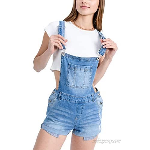 Women’s Summer Cute Denim Romper Overall Shorts – Cuffed Hem Ripped Bib Shortalls LT3397RK Light Blue M