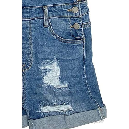 Women’s Summer Cute Denim Romper Overall Shorts – Destroy Wash Cuffed Hem Bib Shortalls CTB582LS Blue M