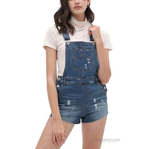 Women’s Summer Cute Denim Romper Overall Shorts – Distressed Raw Edge Hem Bib Shortalls LT3408RK Blue L