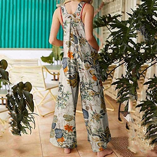 Women's Summer Floral Overalls Cotton Linen Baggy Overalls Wide Leg Casual Jumpsuit Boho Loose Suspender Harem Pants