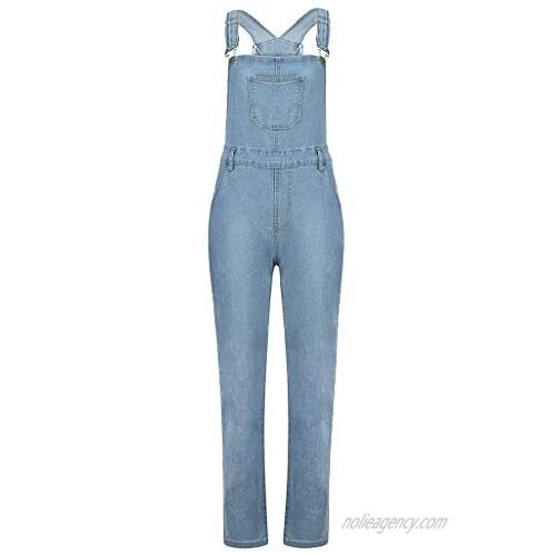 Women's Vintage Adjustable Straps Cuffed Hem Denim Bib Overalls Plus Size Blue Jeans