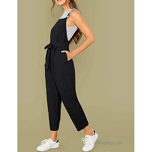 Yeokou Womens Casual Baggy Tapered Cropped Bib Jumpsuit Overalls Rompers with Belt（Black-M）