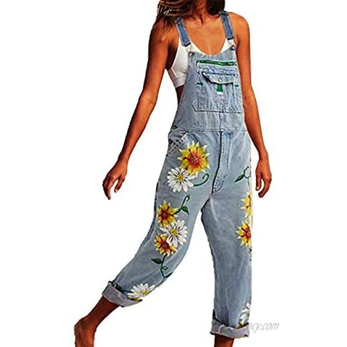 Yeokou Womens Loose Baggy Straight Leg Pocket Floral Denim Jumpsuit Overalls Romper