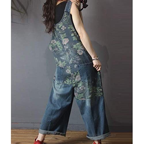 YESNO Women Casual Loose Denim Jumpsuits Bf Wide Leg Jeans Overalls Floral Patch Stitched/Pockets PFU