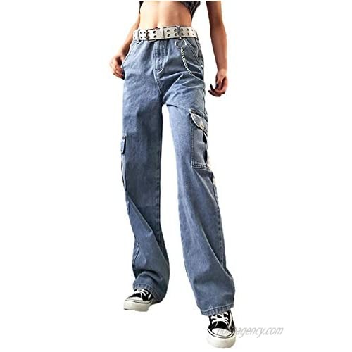 ZIYIXIN Women's Casual Denim Pants Overalls High Waist Pocket Stitching Wide Leg Mopping Jeans