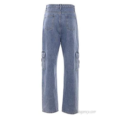ZIYIXIN Women's Casual Denim Pants Overalls High Waist Pocket Stitching Wide Leg Mopping Jeans