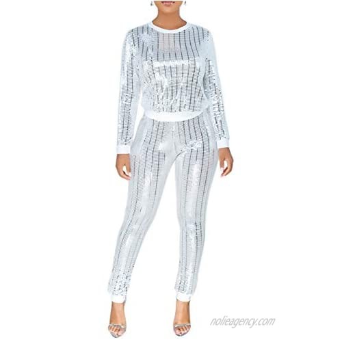 2 Piece Night Clubwear Outfits for Women Long Sleeve Top and Metallic Shiny Pants Glitter Clubwear