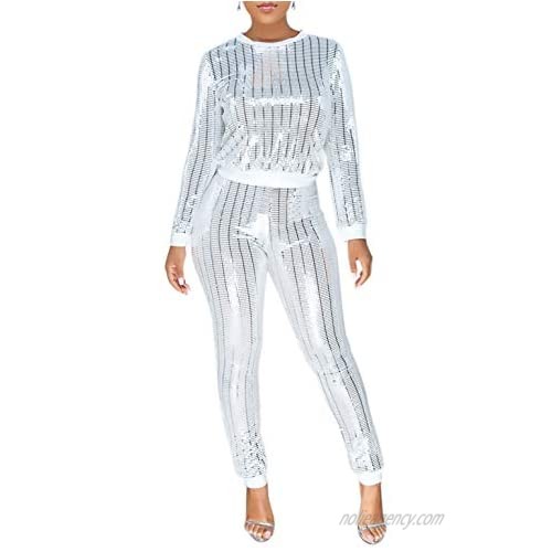 2 Piece Night Clubwear Outfits for Women Long Sleeve Top and Metallic Shiny Pants Glitter Clubwear
