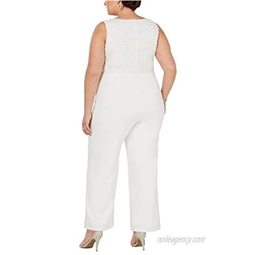 Adrianna Papell Womens White Beaded Sleeveless Jewel Neck Straight Leg Cocktail Jumpsuit Size 18W