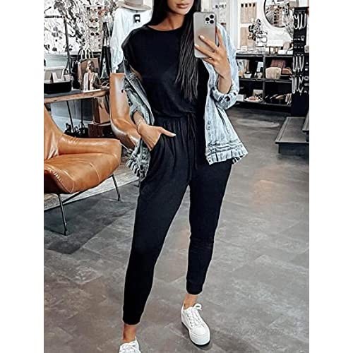 ANRABESS Women's Summer Casual Cap Sleeve Crewneck High Wasit Jumpsuits Rompers with Pockets
