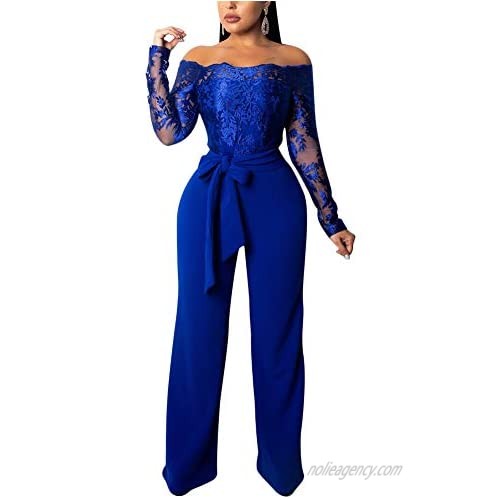 Aro Lora Women's Off Shoulder Jumpsuit Floral Embroidery Lace See Through Wide Leg Romper