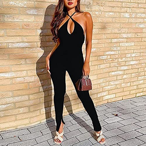 AZHONG Women's Sexy One Piece Jumpsuit Deep V Neck Spaghetti Strap Bodycon Long Pants Rompers