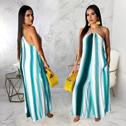 BestGirl Women's Casual Loose Plus Size Jumpsuits Stripe Print Spaghetti Strap Wide Leg Pants with Pockets