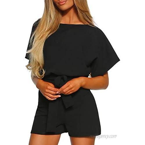 CANIKAT Womens Casual Short Sleeve Belted Jumpsuit Short Pants Back Keyhole Overall Romper Playsuit