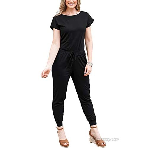 DouBCQ Womens Casual Short Sleeve Jumpsuits Elastic Waist Jumpsuit with Pockets