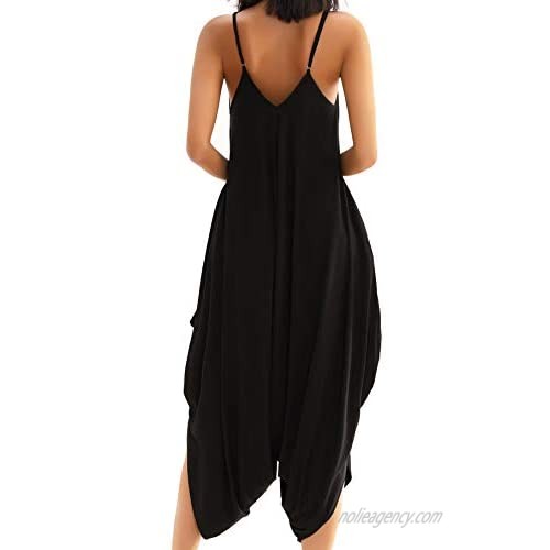 Double Chic Women’s Jumpsuit with Pockets V Neck with Spaghetti Strap One Piece Harem Rompers