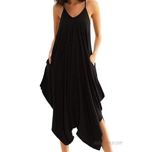 Double Chic Women’s Jumpsuit with Pockets V Neck with Spaghetti Strap One Piece Harem Rompers