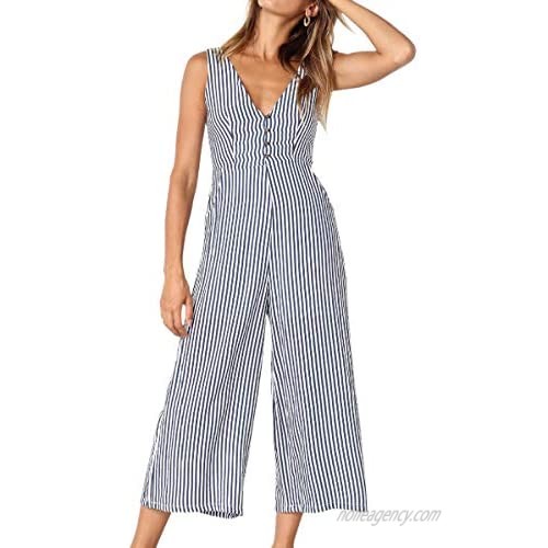 ECOWISH Womens Jumpsuits Casual Button Deep V Neck Sleeveless High Waist Wide Leg Jumpsuit Rompers with Pockets