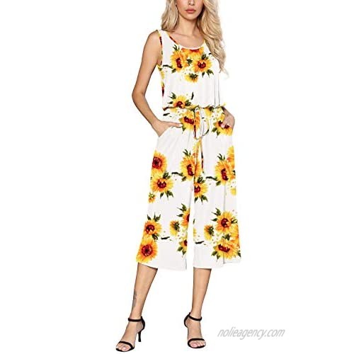 Euovmy Women's Casual Sleeveless Loose Elastic Waist Stretchy Wide Leg Long Romper Jumpsuit with Pockets