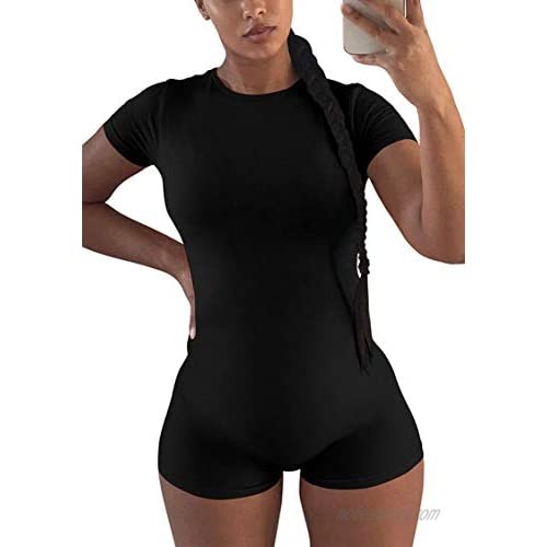GOBLES Women's Casual Wear O-Neck Short Sleeve Back Zipper Bodycon Basic Jumpsuit Rompers