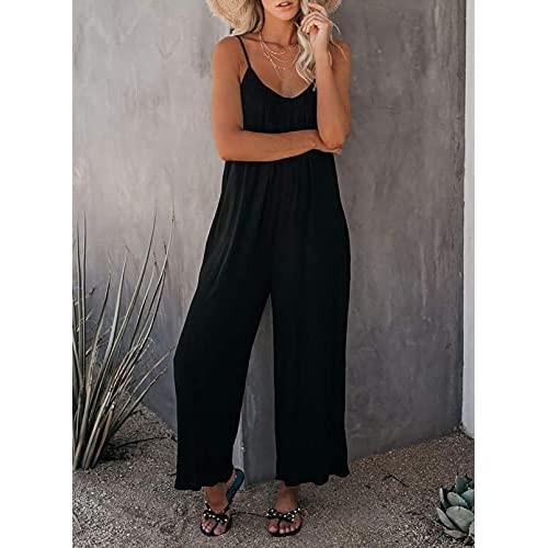 Happy Sailed Women's Casual Sleeveless Front Button Loose Jumpsuits Stretchy Long Pants Romper with Pockets