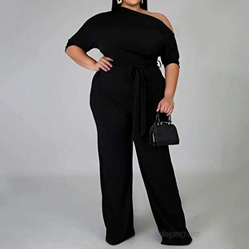 IyMoo Women's Plus Size Wide Leg Slanted One Shoulder Belted Straight Jumpsuits Playsuits