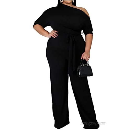 IyMoo Women's Plus Size Wide Leg Slanted One Shoulder Belted Straight Jumpsuits Playsuits