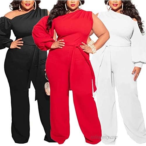 IyMoo Women's Sexy Plus Size One Shoulder Wide Leg Long Sleeve Cocktail V Neck Jumpsuits Romper
