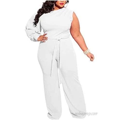 IyMoo Women's Sexy Plus Size One Shoulder Wide Leg Long Sleeve Cocktail V Neck Jumpsuits Romper